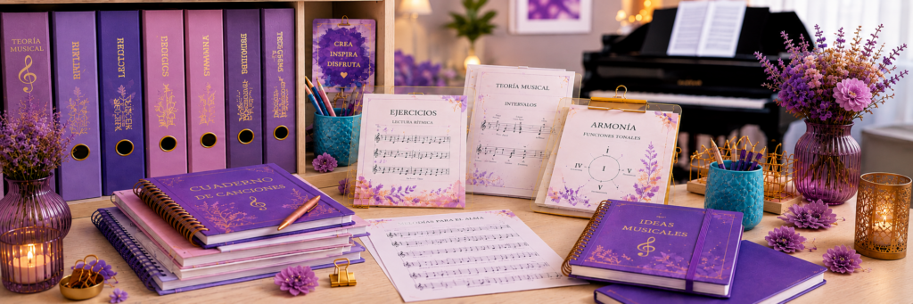 Piano de cola con partituras y materiales musicales en un espacio de trabajo