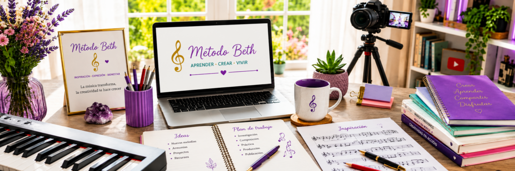 Espacio creativo de Método Beth con piano, cámara y partituras musicales