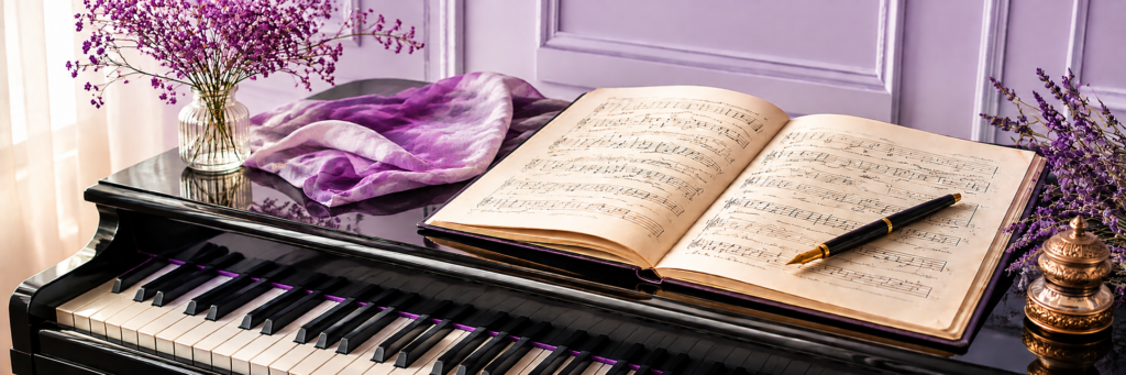 Piano con partitura manuscrita y pluma, símbolo de creación musical