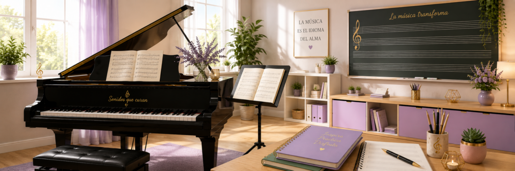 Clases particulares de música con piano, partituras y espacio de aprendizaje