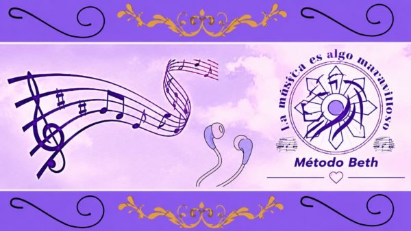 Pentagrama con notas musicales, auriculares y logotipo circular del Método Beth