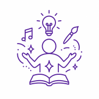 Persona rodeada de elementos musicales y creativos que representa la curiosidad y el descubrimiento